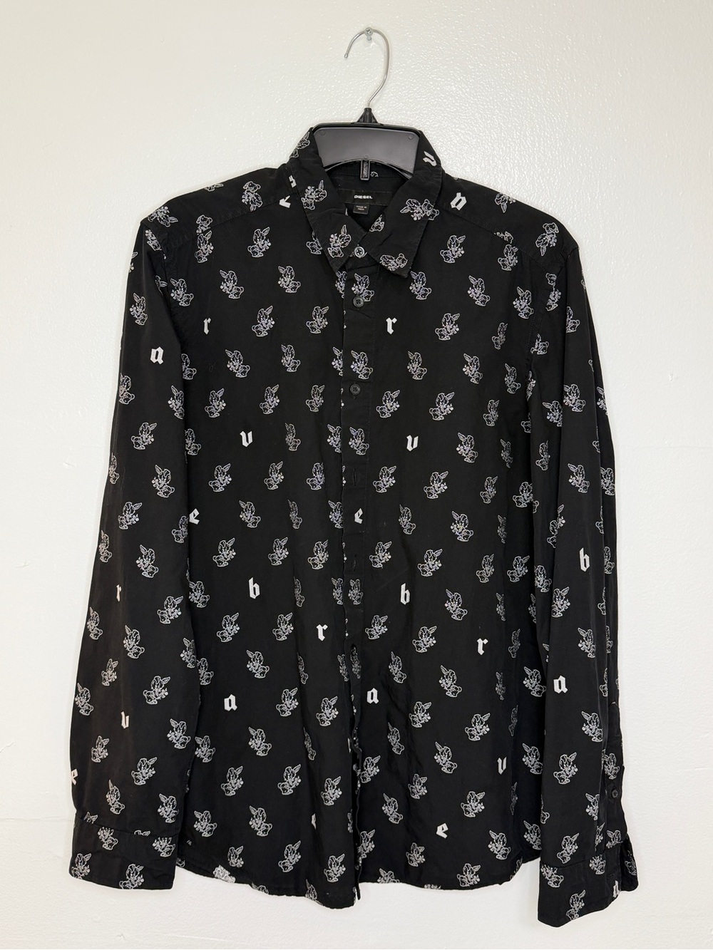 Diesel Men’s Black Bunny Embroidered Button Down Shirt